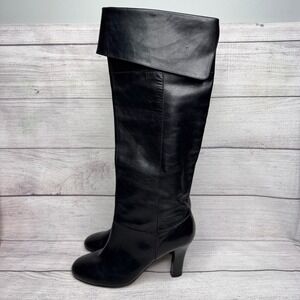 Steve Madden Black‎ Leather Knee High Boots Heels Size 9M Fold Over Top